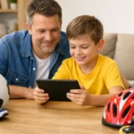 Părinte și copil în casă, cu dispozitiv digital și echipament sportiv, ilustrând echilibrul dintre tehnologie și mișcare.
